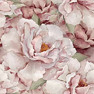 Seamless floral pattern with peonies hand-drawn painted in watercolor style.