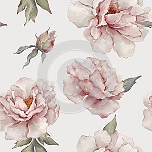 Seamless floral pattern with peonies hand-drawn painted in watercolor style.