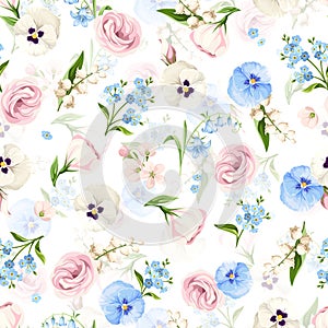 Seamless floral pattern with pink, blue, and white flowers on a white background. Vector illustration