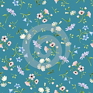 Seamless floral pattern with pink, blue, white and purple flowers on celadon. Vector illustration.