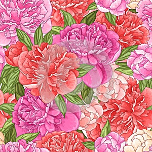 Seamless floral pattern with pink and coral peony flowers