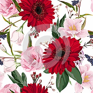 Seamless floral pattern with  pink flowers and red gerbera on white background.