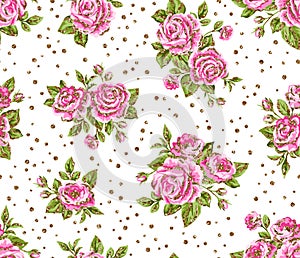 Seamless floral pattern with pink and gold glitter roses, peony flowers and dots on white background