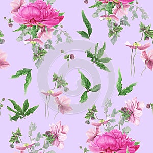 Seamless floral pattern with pink peonies, anemones, eucalyptus. photo