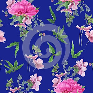 Seamless floral pattern with pink peonies, anemones, eucalyptus. photo