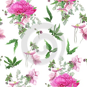 Seamless floral pattern with pink peonies, anemones, eucalyptus. photo