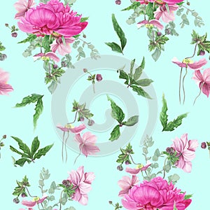 Seamless floral pattern with pink peonies, anemones, eucalyptus. photo