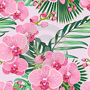 Seamless floral pattern. Pink purple orchid phalaenopsis with green jungle palm tree exotice tropical leaves.