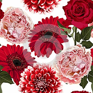 Seamless floral pattern with pink red roses and gerbera flowers on white background.