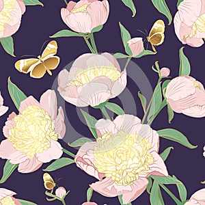 Seamless floral pattern with pink rose peony flowers bouquet and butterfly insect