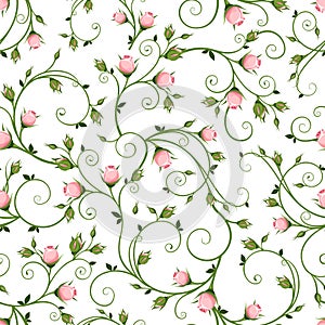 Seamless floral pattern with pink rosebuds. Vector illustration.