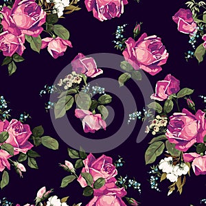 Seamless floral pattern with pink roses on dark background