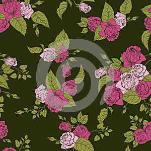 Seamless floral pattern with pink roses on green background