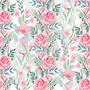 Seamless floral pattern with pink roses on light background