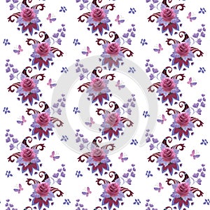 Seamless floral pattern. Pink roses, lilac bell flowers, butterflies and paisley isolated on white background