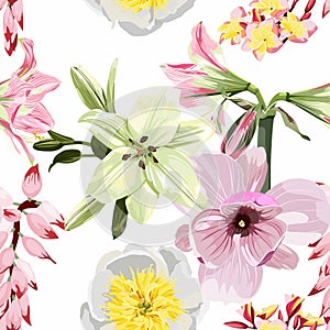 Seamless floral pattern with pink tropical magnolia Amaryllis lilies and plumeria flowers on white background.