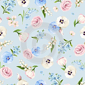 Seamless floral pattern with pink, white, and blue flowers on a blue background. Vector illustration