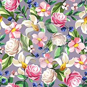 Seamless floral pattern with pink, white, and blue flowers on purple. Vector illustration