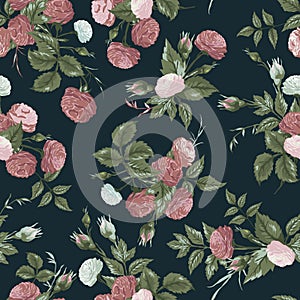 Seamless floral pattern with pink and white roses