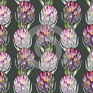 Seamless floral pattern. Protea pink with lots of greenery, stylized digital paper.