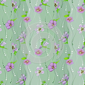 Seamless floral pattern with purple exotic flowers on a green background.