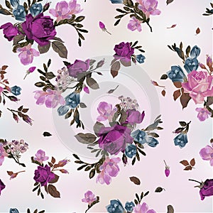 Seamless floral pattern with purple and pink roses and freesia,