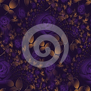 Seamless floral pattern purple roses with golden leaves