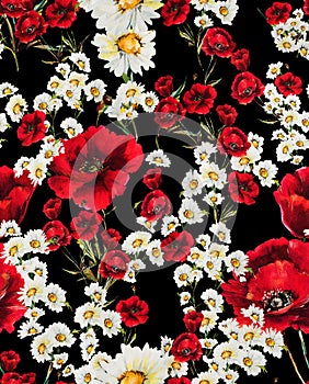 Seamless floral pattern with red flowers and white daisy on black background. Ready for textile prints.