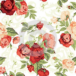 Seamless floral pattern with red and orange roses on white background