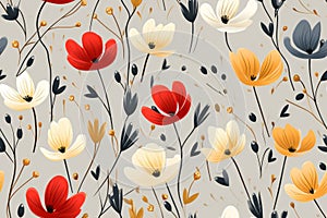 seamless floral pattern with red orange and yellow flowers on a gray background