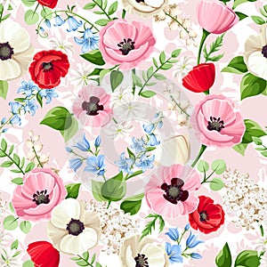 Seamless floral pattern with red, pink, blue, and white flowers. Vector floral print