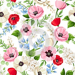 Seamless floral pattern with red, pink, blue and white flowers. Vector illustration. photo
