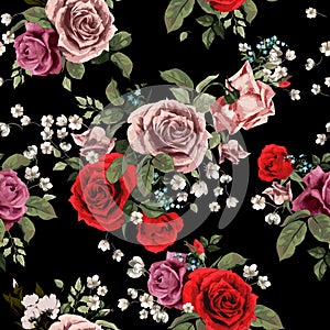 Seamless floral pattern with red and pink roses on black background, watercolor