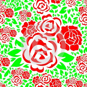 Seamless Floral Pattern with Red Rose Flower and Green Leaves Background