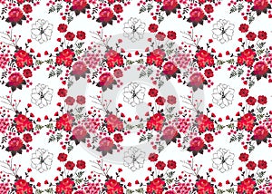 Seamless floral pattern with red roses, berries and poppies isolated on white background. Print for curtain. Vector summer design