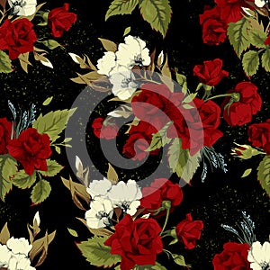 Seamless floral pattern with red roses on black background