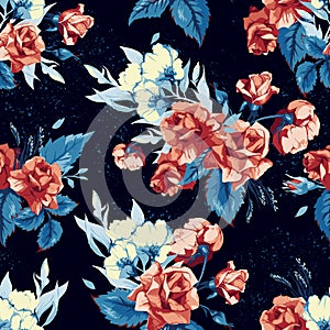 Seamless floral pattern with red roses on blue background