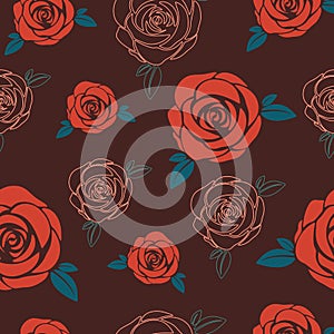 Seamless Floral pattern with red Roses on brown background.