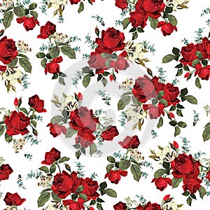 Seamless floral pattern with red roses on white background