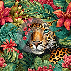 Seamless floral pattern with red tropical flowers and leopard print. Digital illustration background. Generative AI