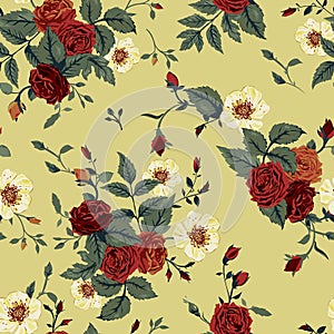 Seamless floral pattern with red and white roses