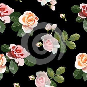 Seamless floral pattern with roses on a black background for fabric design, textile. Vector