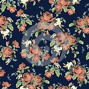 Seamless floral pattern with roses on dark background, watercolor