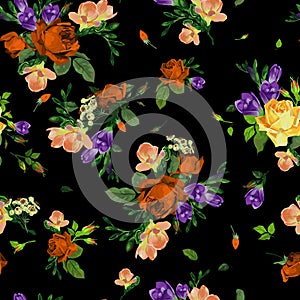 Seamless floral pattern with roses and freesia, watercolor photo