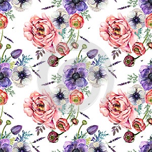 Seamless floral pattern with roses, peones, anemone watercolor.