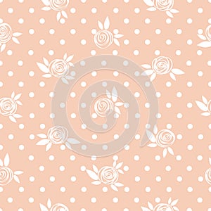 Seamless floral pattern, roses on the polka dot background.