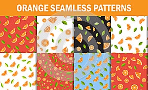 Seamless Floral Pattern set . Orange Fruits Background. Flowers, Leaves. Vector flat style