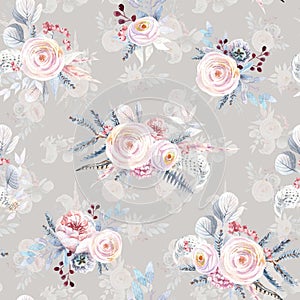 Seamless floral pattern. Shabby chic. Blush watercolor art.