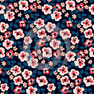 Seamless floral pattern, simple ditsy print with liberty meadow, small flowers on blue. Vector.