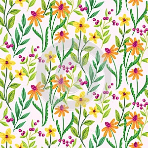 Seamless floral pattern, spring ditsy print with watercolor botany, wild flowers on white. Vector.